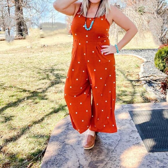 NEW LuLaRoe Leola Wide Leg Cami Jumpsuit Orange Pumpkin Polka Dot White NWT BOHO - Picture 4 of 9